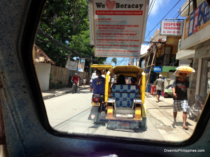 Taking the tricycle from the jetty on Boracay to our accommodation by White Beach